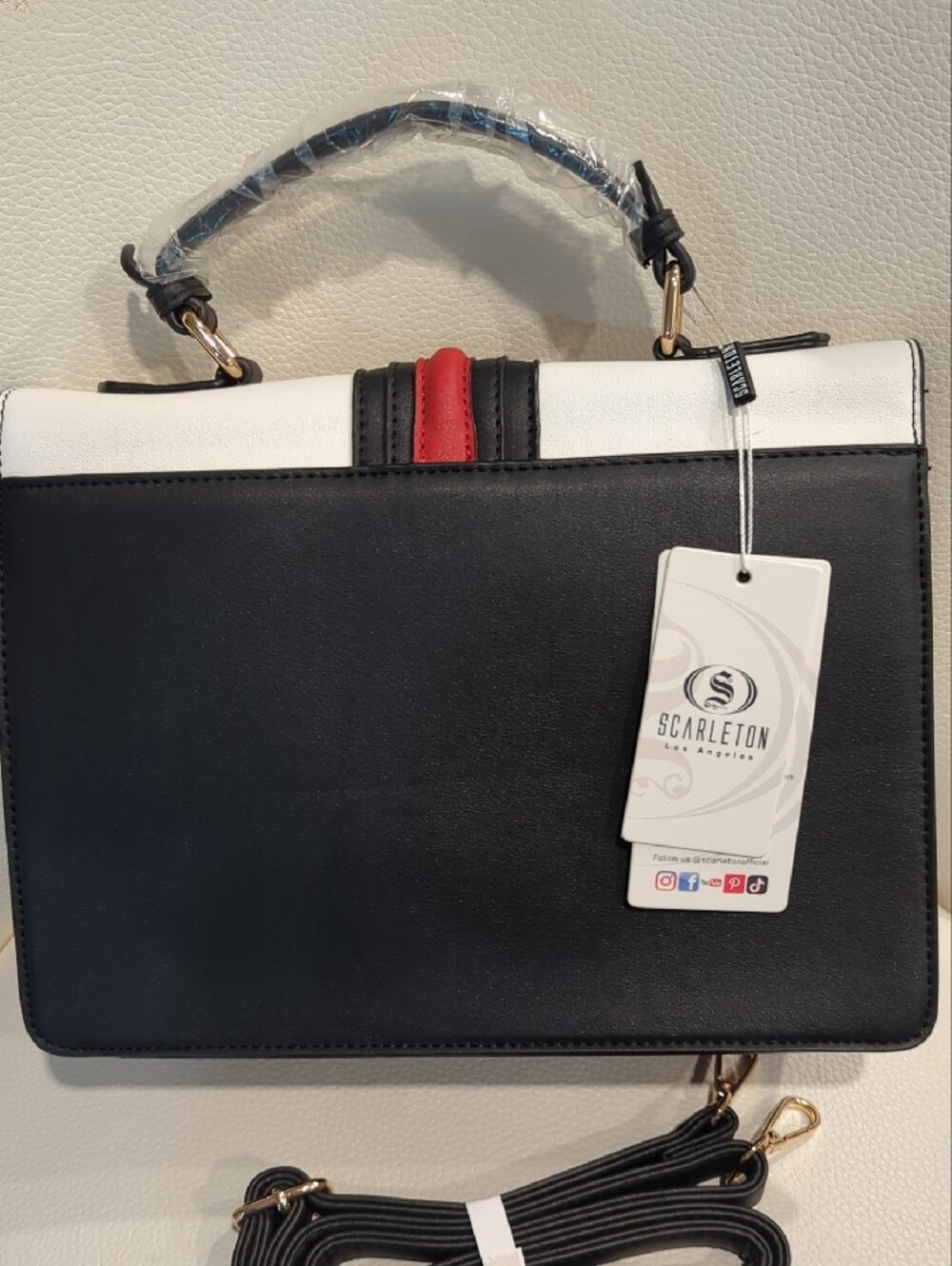 Colorblock Structured Top-Handle Satchel in White, Black & Red - Picture 3 of 5